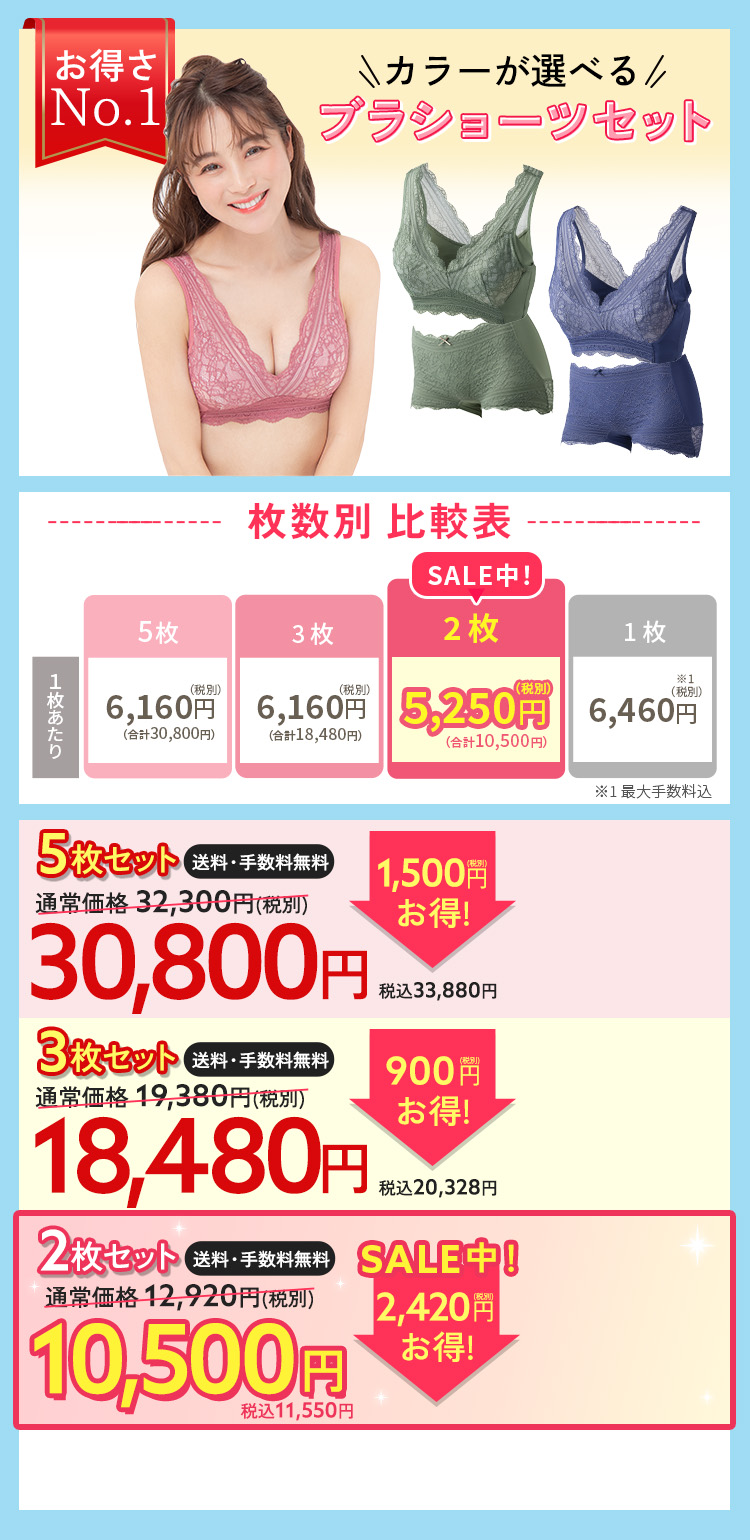 ブラ＆ショーツ5枚セット　通常価格31330円（税込35530円） 3553円（税込）お得！29070円（税込31997円） 1枚6460円（税込7106円）×5枚 手数料無料 送料無料 お好きなカラーが選べる
