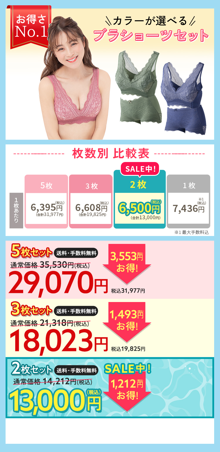 ブラ＆ショーツ5枚セット　通常価格31330円（税込35530円） 3553円（税込）お得！29070円（税込31997円） 1枚6460円（税込7106円）×5枚 手数料無料 送料無料 お好きなカラーが選べる