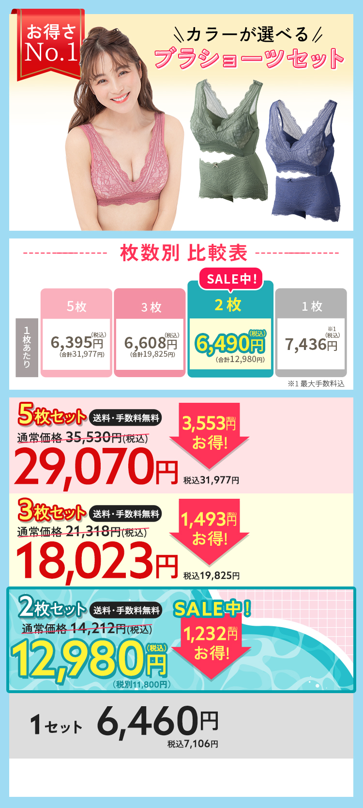 ブラ＆ショーツ5枚セット 通常価格31330円（税込35530円） 3553円（税込）お得！29070円（税込31997円） 1枚6460円（税込7106円）×5枚 手数料無料 送料無料 お好きなカラーが選べる