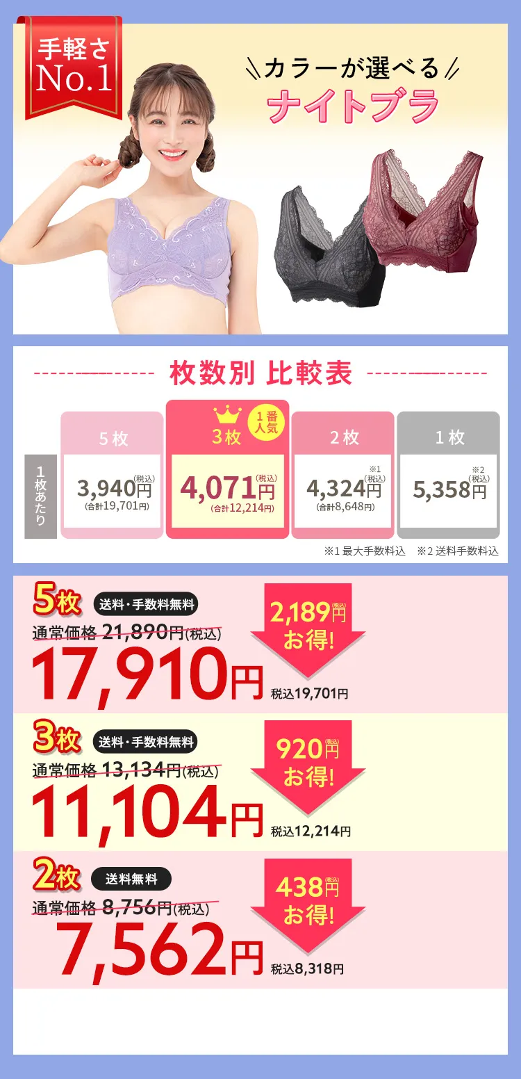 お得な5枚セット ルーナナチュラルアップナイトブラ 通常価格19900円（税込21890円） 2189円（税込）お得！17910円（税込19701円） 1枚3980円（税込4378円）×5枚 手数料無料 送料無料 お好きなカラーが選べる