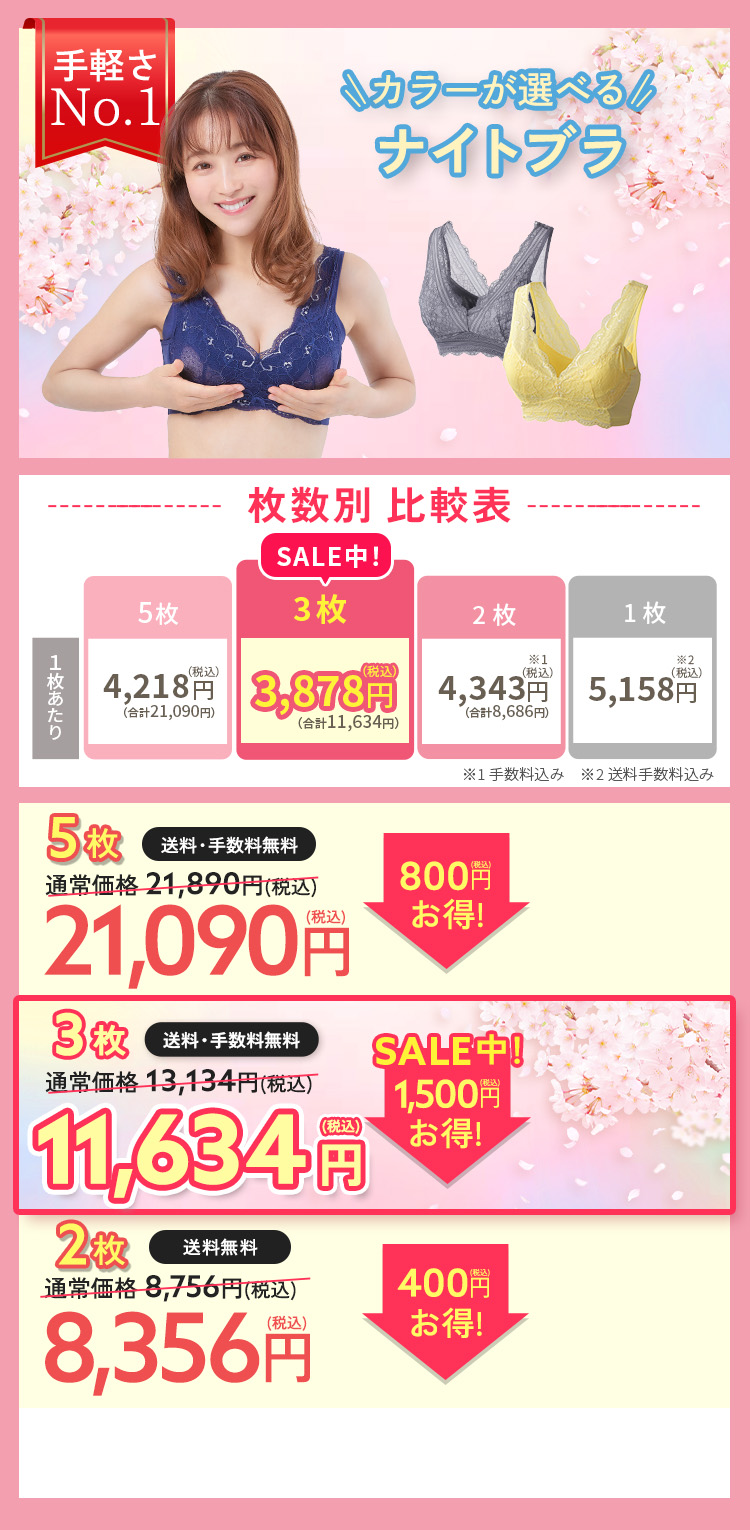 お得な5枚セット ルーナナチュラルアップナイトブラ 通常価格19900円（税込21890円） 2189円（税込）お得！17910円（税込19701円） 1枚3980円（税込4378円）×5枚 手数料無料 送料無料 お好きなカラーが選べる