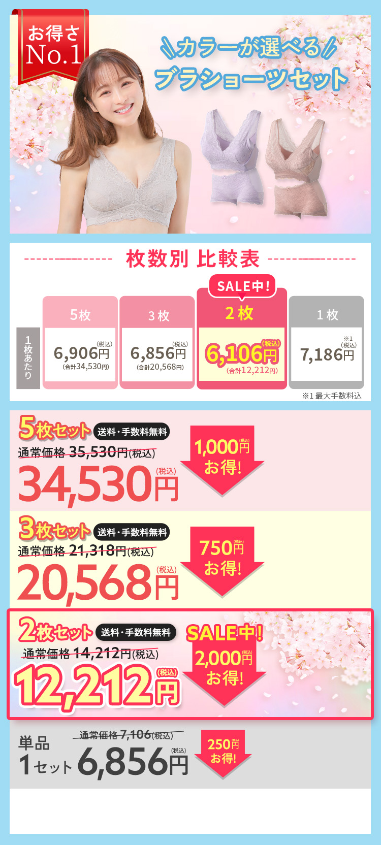 ブラ＆ショーツ5枚セット　通常価格31330円（税込35530円） 3553円（税込）お得！29070円（税込31997円） 1枚6460円（税込7106円）×5枚 手数料無料 送料無料 お好きなカラーが選べる