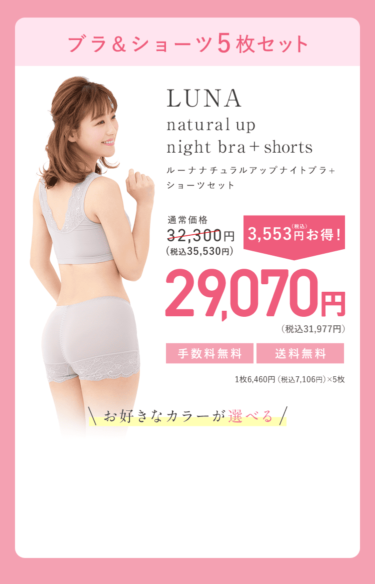 ブラ＆ショーツ5枚セットL LUNA natural up night bra＋shorts ルーナナチュラルアップナイトブラ＋ショーツ 通常価格31,330円（税込35,530円） 3,553円（税込）お得！29,070円（税込31,997円） 1枚6,460円（税込7,106円）×5枚 手数料無料 送料無料 お好きなカラーが選べる