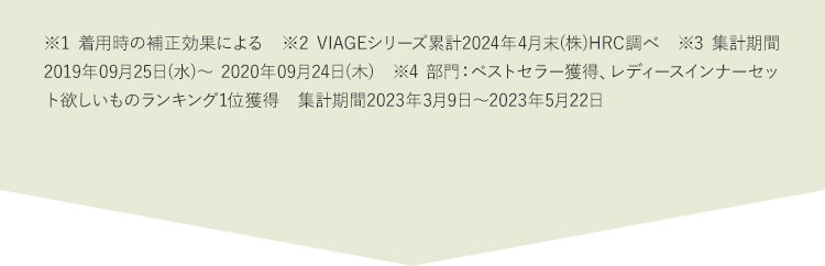 ※1着用時の補正効果による ※2ヴィアージュシリーズ累計2022年5月末（株）HRC調べ ※3集計期間2019年09月25日（水）から2020年09月24日（木） ※42022年8月期_ブランドのイメージ調査調査機関：日本マーケティングリサーチ機構調査期間：22年4月25日から2022年8月2日n数：131／調査方法：Webアンケート調査対象者：備考：本調査は個人のブランドに対するイメージを元にアンケートを実施し集計しております本ブランドの利用有無は聴取しておりません／効果効能等や優位性を保証するものではございません／得票数が僅差の競合あり