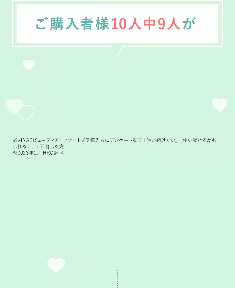 ご購入者様10人中9人が ※VIAGEビューティアップナイトブラ購入者にアンケート調査「使い続けたい」「使い続けるかもしれない」と回答した方 ※2023年1月HRC調べ