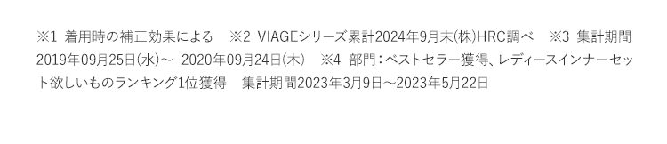 ※1着用時の補正効果による ※2VIAGEシリーズ累計2022年5月末（株）HRC調べ ※3集計期間2019年09月25日（水）から2020年09月24日（木） ※42022年8月期_ブランドのイメージ調査調査機関：日本マーケティングリサーチ機構調査期間：22年4月25日から2022年8月2日n数：131／調査方法：Webアンケート調査対象者：備考：本調査は個人のブランドに対するイメージを元にアンケートを実施し集計しております本ブランドの利用有無は聴取しておりません／効果効能等や優位性を保証するものではございません／得票数が僅差の競合あり