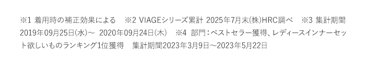 ※1着用時の補正効果による ※2VIAGEシリーズ累計2022年5月末（株）HRC調べ ※3集計期間2019年09月25日（水）から2020年09月24日（木） ※42022年8月期_ブランドのイメージ調査調査機関：日本マーケティングリサーチ機構調査期間：22年4月25日から2022年8月2日n数：131／調査方法：Webアンケート調査対象者：備考：本調査は個人のブランドに対するイメージを元にアンケートを実施し集計しております本ブランドの利用有無は聴取しておりません／効果効能等や優位性を保証するものではございません／得票数が僅差の競合あり