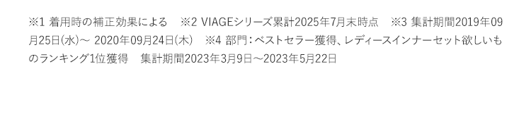 ※1着用時の補正効果による ※2VIAGEシリーズ累計2022年5月末(株)HRC調べ ※3集計期間2019年09月25日(水)から2020年09月24日(木) ※42022年8月期_ブランドのイメージ調査調査機関:日本マーケティングリサーチ機構調査期間:22年4月25日から2022年8月2日n数:131/調査方法:Webアンケート調査対象者:備考:本調査は個人のブランドに対するイメージを元にアンケートを実施し集計しております本ブランドの利用有無は聴取しておりません/効果効能等や優位性を保証するものではございません/得票数が僅差の競合あり