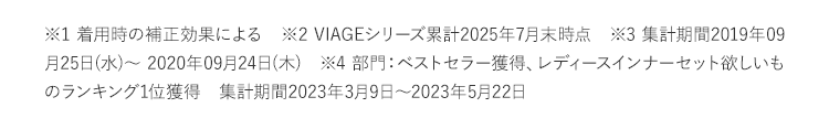 ※1着用時の補正効果による ※2VIAGEシリーズ累計2022年5月末（株）HRC調べ ※3集計期間2019年09月25日（水）から2020年09月24日（木） ※42022年8月期_ブランドのイメージ調査調査機関：日本マーケティングリサーチ機構調査期間：22年4月25日から2022年8月2日n数：131／調査方法：Webアンケート調査対象者：備考：本調査は個人のブランドに対するイメージを元にアンケートを実施し集計しております本ブランドの利用有無は聴取しておりません／効果効能等や優位性を保証するものではございません／得票数が僅差の競合あり