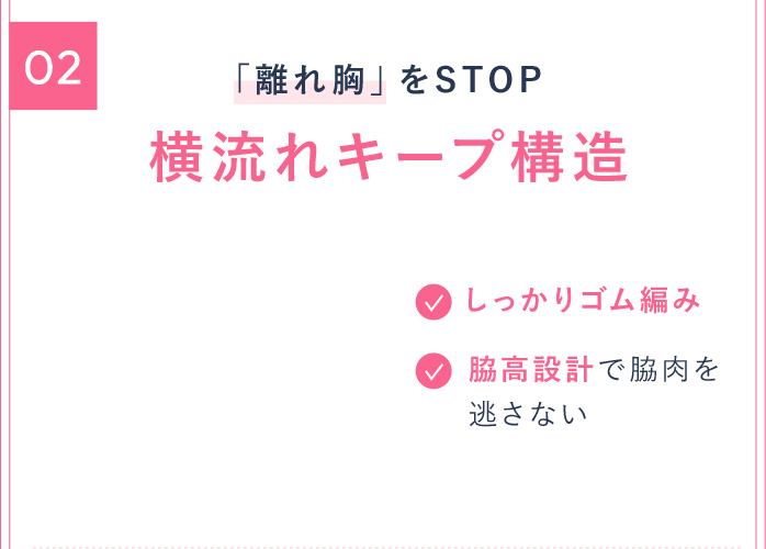 02「離れ胸」をSTOP 横流れキープ構造 しっかりゴム編み 脇高設計で脇肉を逃さない