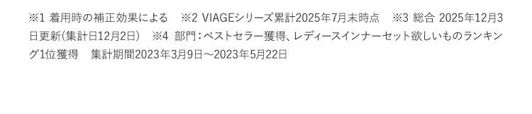 ※1着用時の補正効果による ※2VIAGEシリーズ累計2022年5月末（株）HRC調べ ※3集計期間2019年09月25日（水）から2020年09月24日（木） ※42022年8月期_ブランドのイメージ調査調査機関：日本マーケティングリサーチ機構調査期間：22年4月25日から2022年8月2日n数：131／調査方法：Webアンケート調査対象者：備考：本調査は個人のブランドに対するイメージを元にアンケートを実施し集計しております本ブランドの利用有無は聴取しておりません／効果効能等や優位性を保証するものではございません／得票数が僅差の競合あり