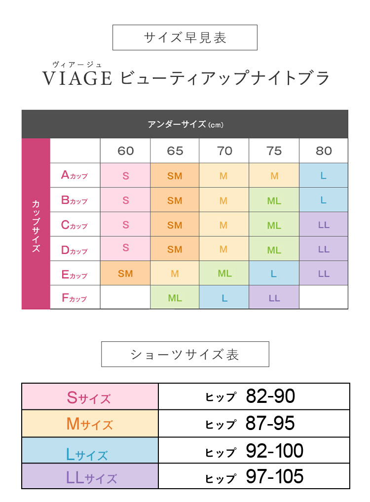 サイズ早見表 ヴィアージュ VIAGEビューティアップナイトブラ