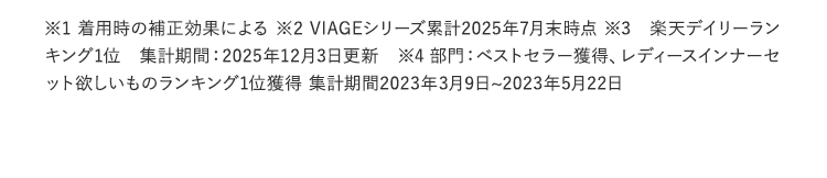 ※1着用時の補正効果による ※2VIAGEシリーズ累計2022年5月末（株）HRC調べ ※3集計期間2019年09月25日（水）から2020年09月24日（木） ※42022年8月期_ブランドのイメージ調査調査機関：日本マーケティングリサーチ機構調査期間：22年4月25日から2022年8月2日n数：131／調査方法：Webアンケート調査対象者：備考：本調査は個人のブランドに対するイメージを元にアンケートを実施し集計しております本ブランドの利用有無は聴取しておりません／効果効能等や優位性を保証するものではございません／得票数が僅差の競合あり