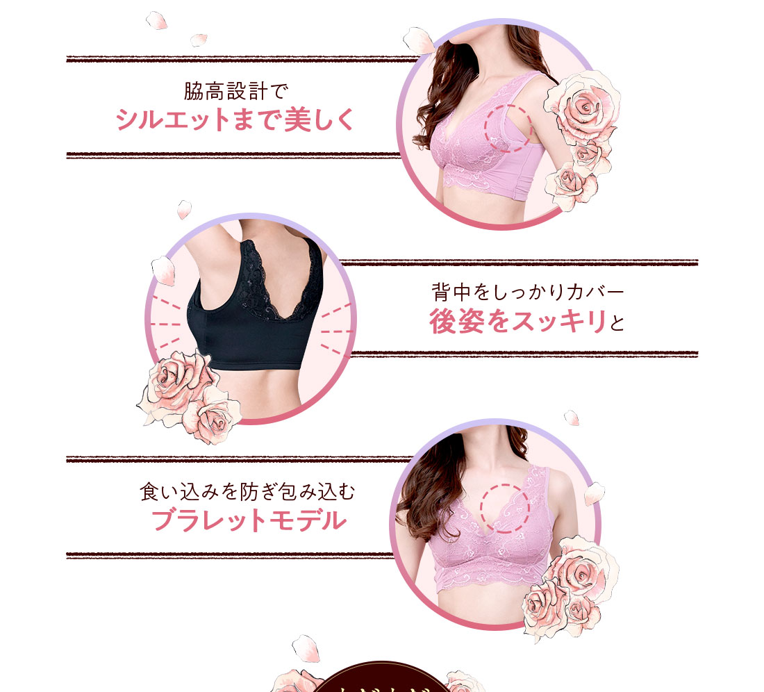 脇高設計でシルエットまで美しく 背中をしっかりカバー 後ろ姿をスッキリと 食い込みすぎを防ぎ包み込むブラレットモデル